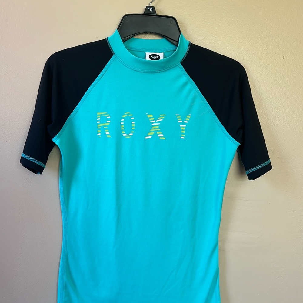 Turquoise and Black Roxy Rash Guard (Swimshirt), Women’s Size S🩵🖤